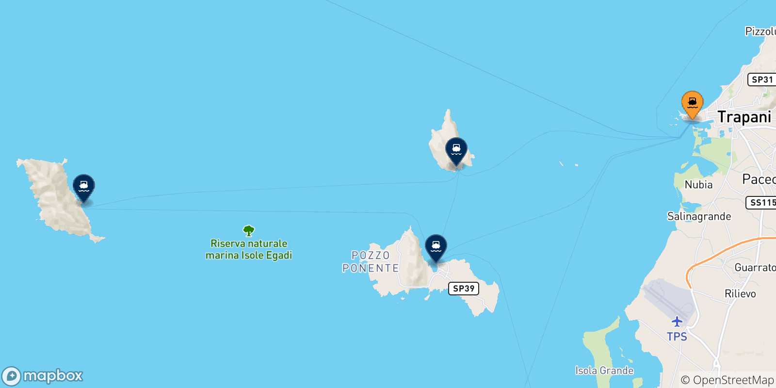 Mapa de las posibles rutas entre Sicilia y  Islas Egadas