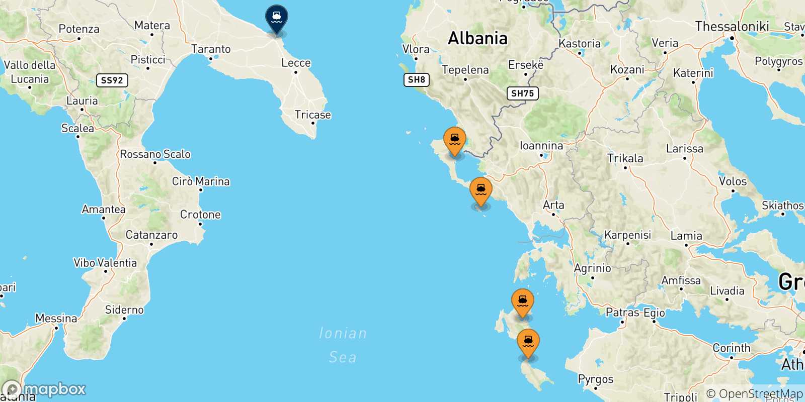 Mapa de las posibles rutas entre Islas Jonicas y  Brindisi
