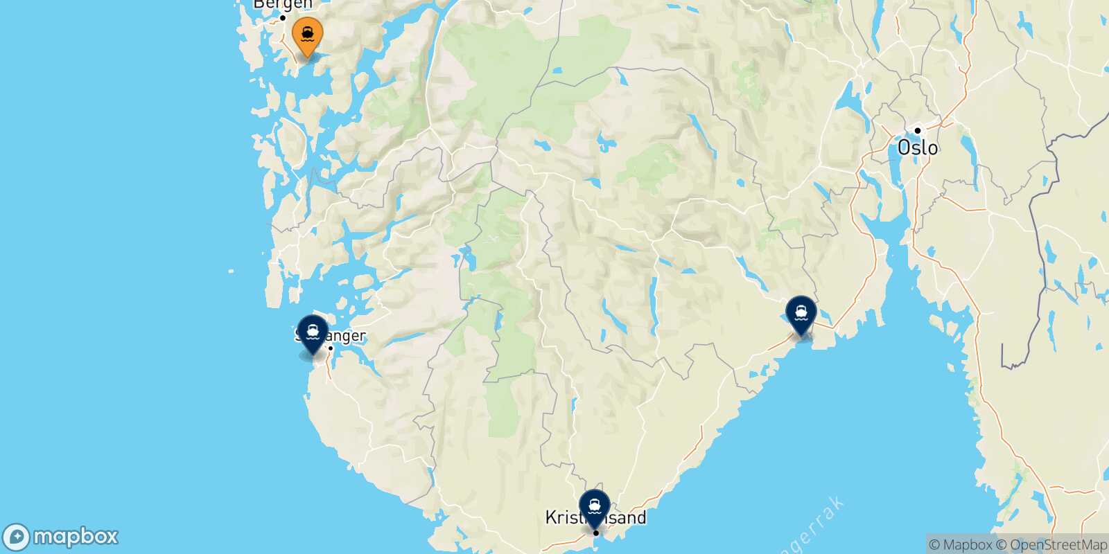 Mapa de los destinos alcanzables de Bergen