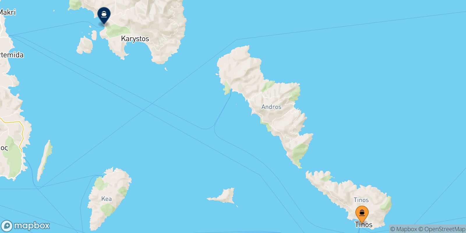 Mapa de la ruta Tinos Karystos