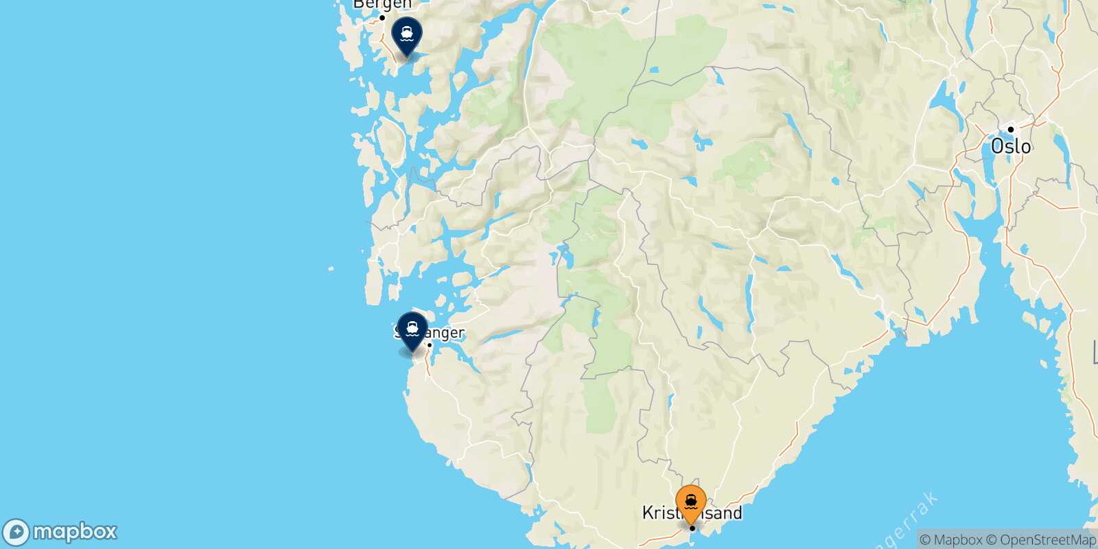 Mapa de los destinos alcanzables de Kristiansand