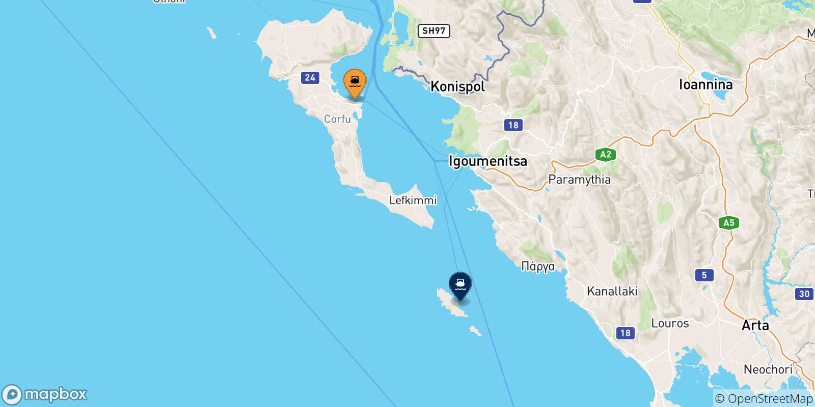 Mapa de las posibles rutas entre Corfu y  Grecia