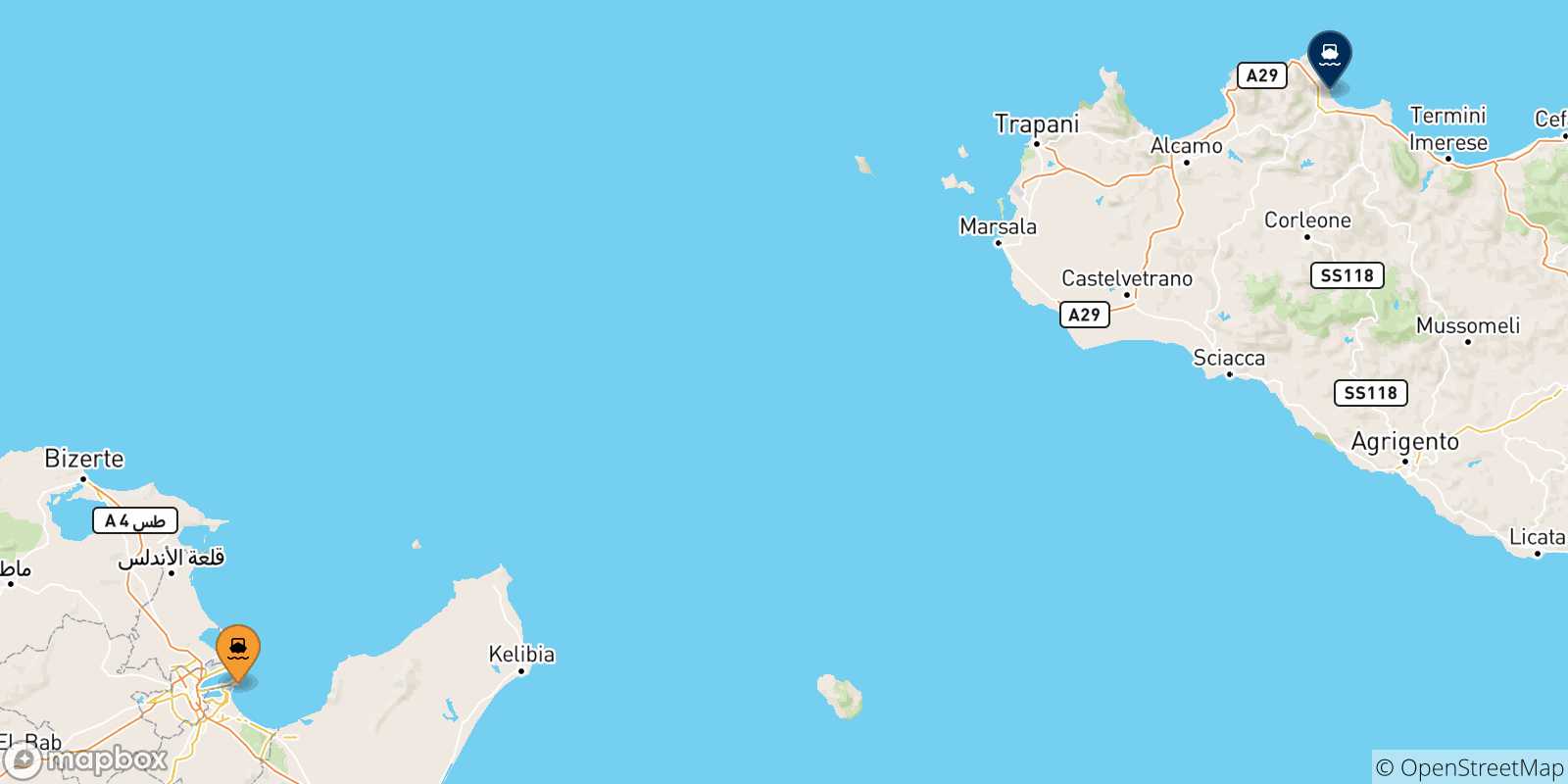 Mapa de las posibles rutas entre Túnez y  Sicilia