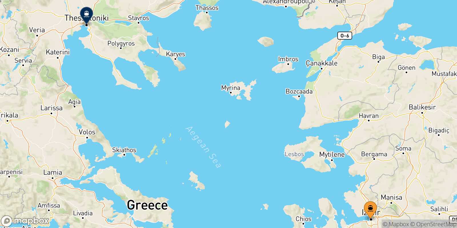Mapa de los destinos alcanzables de Izmir