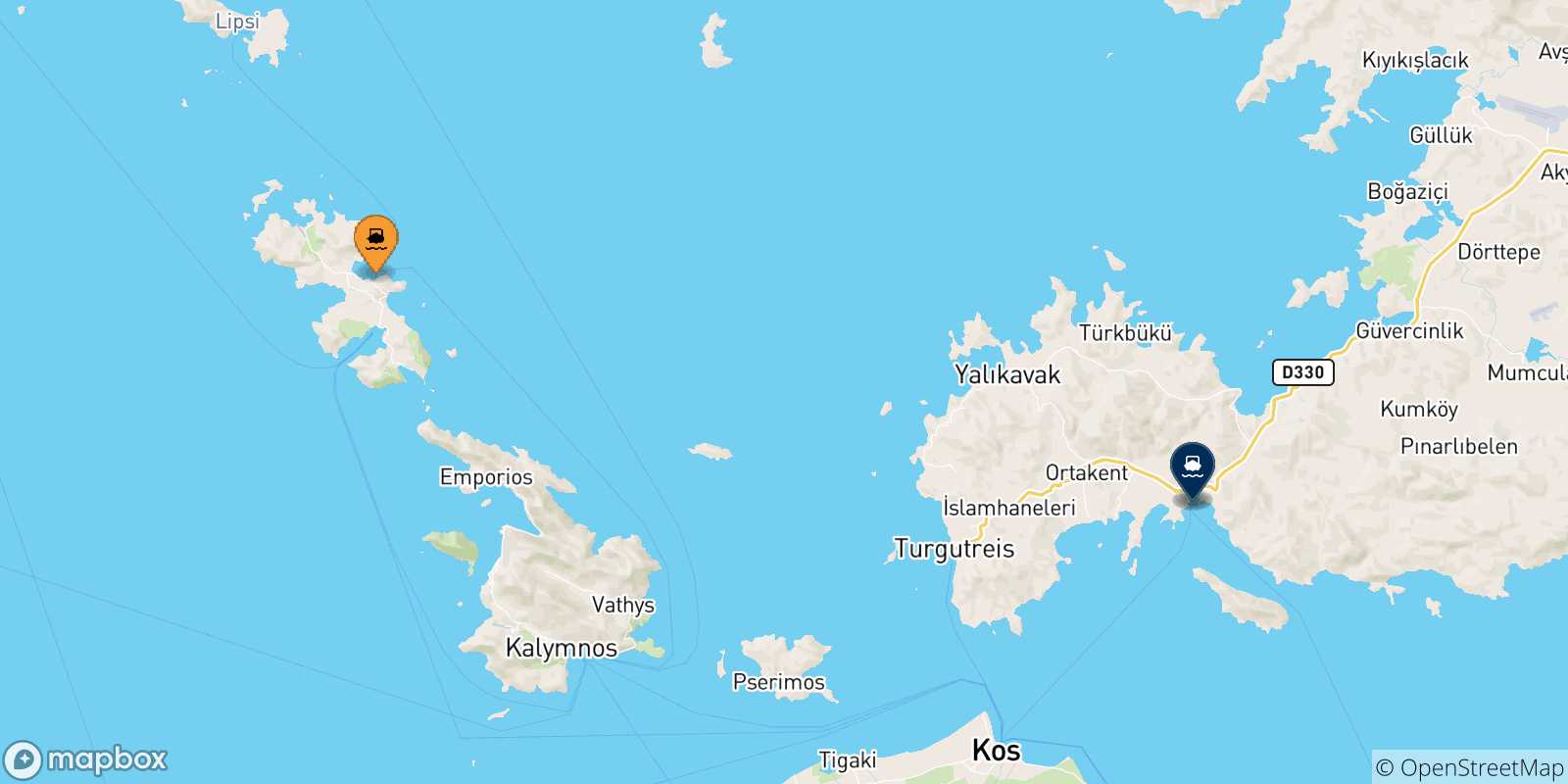Mapa de las posibles rutas entre Leros y  Turquía