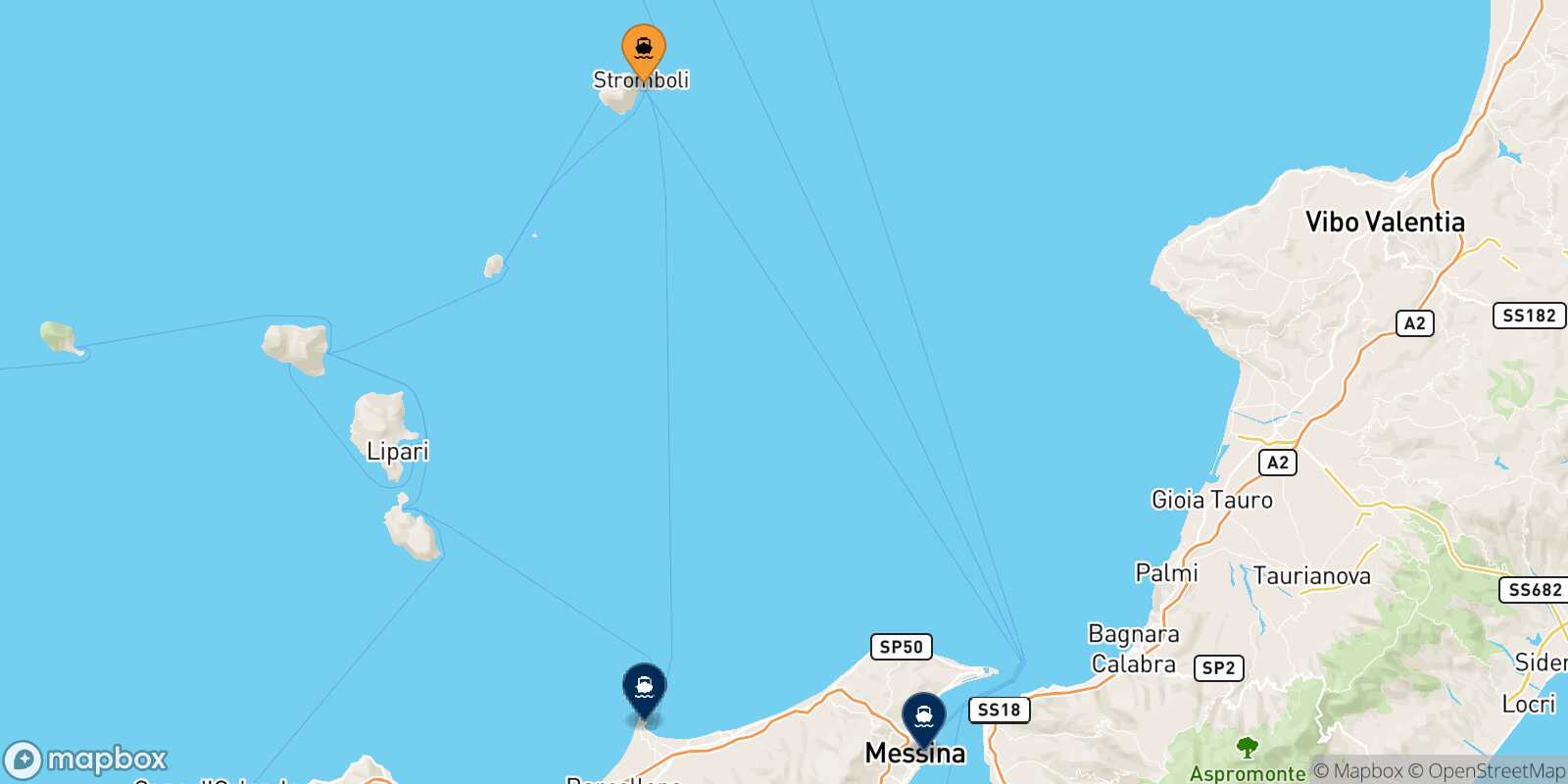 Mapa de los destinos alcanzables de Stromboli