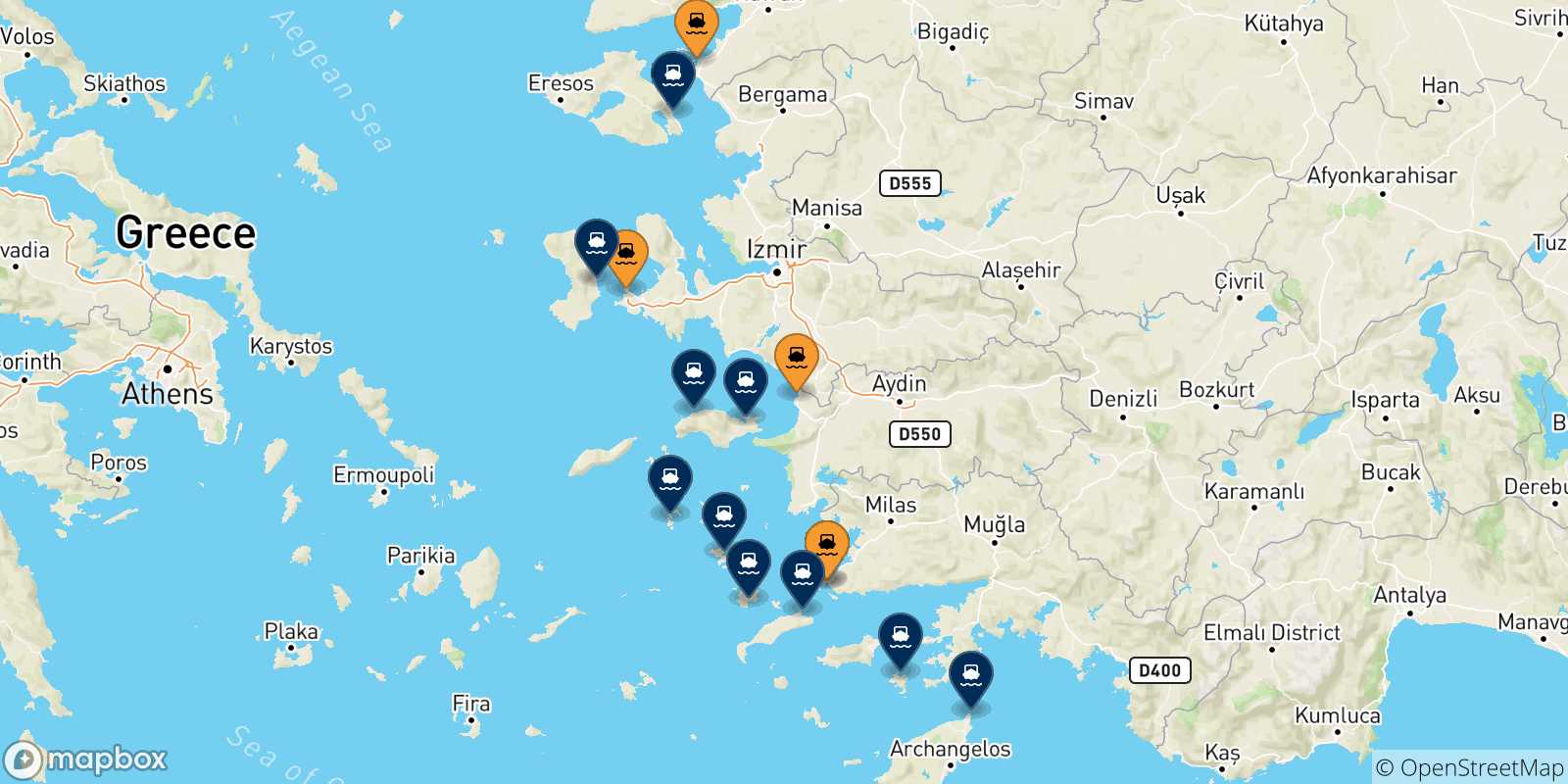 Mapa de las posibles rutas entre Turquía y  Grecia