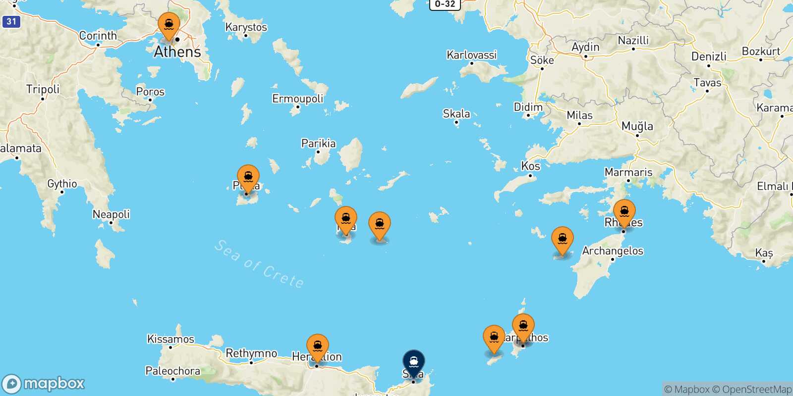 Mapa de los puertos conectados con  Sitia