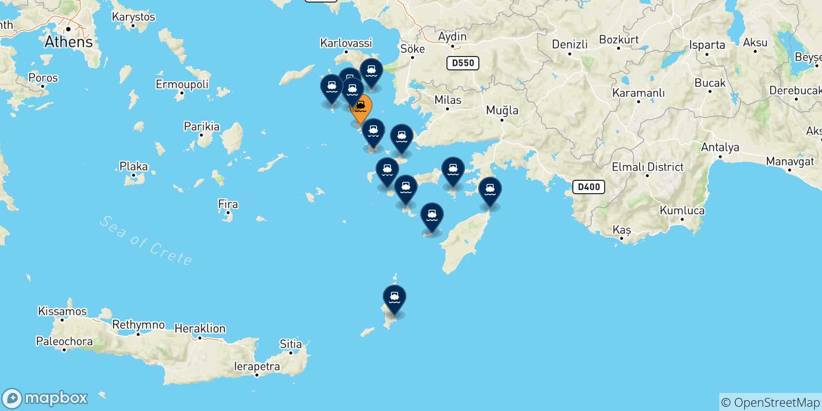 Mapa de las posibles rutas entre Leros y  Dodecaneso