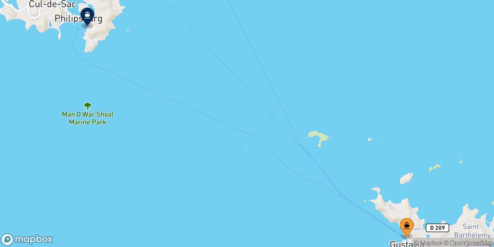 Mapa de los destinos alcanzables de Gustavia (San Bartolomé)