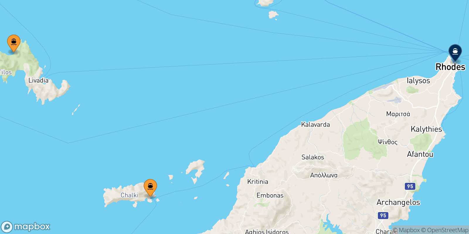 Mapa de los puertos conectados con  Skala Kamirou (Rhodes)