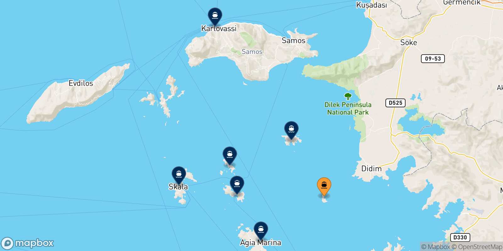 Mapa de los destinos alcanzables de Farmakonisi