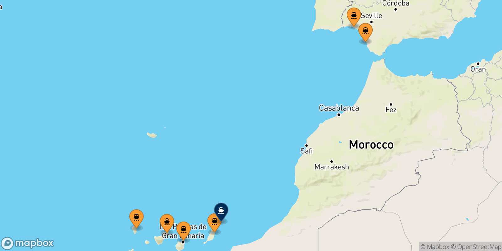 Mapa de los puertos conectados con  Arrecife (Lanzarote)