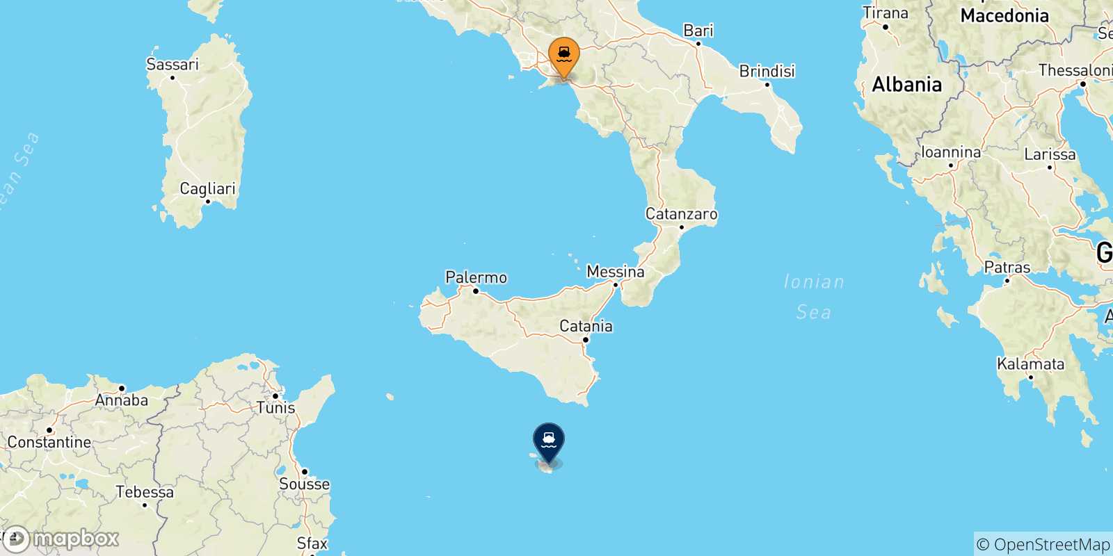 Mapa de las posibles rutas entre Salerno y  Malta