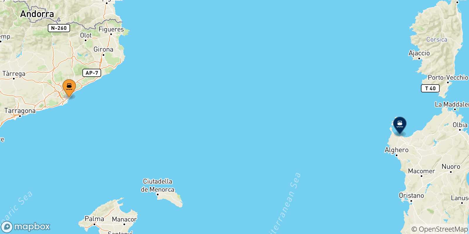 Mapa de las posibles rutas entre España y  Porto Torres