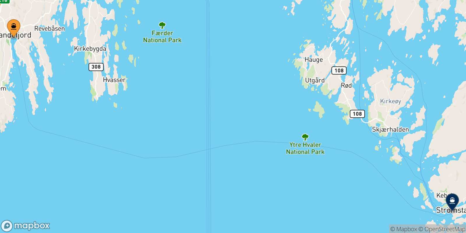 Mapa de los destinos alcanzables de Sandefjord