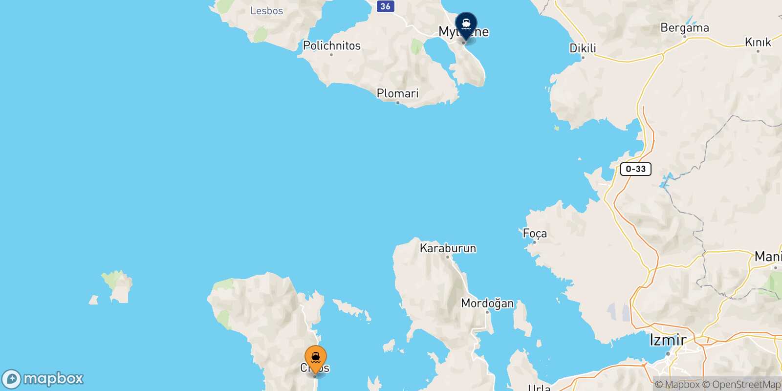 Mapa de la ruta Mesta Chios Mytilene (Lesvos)