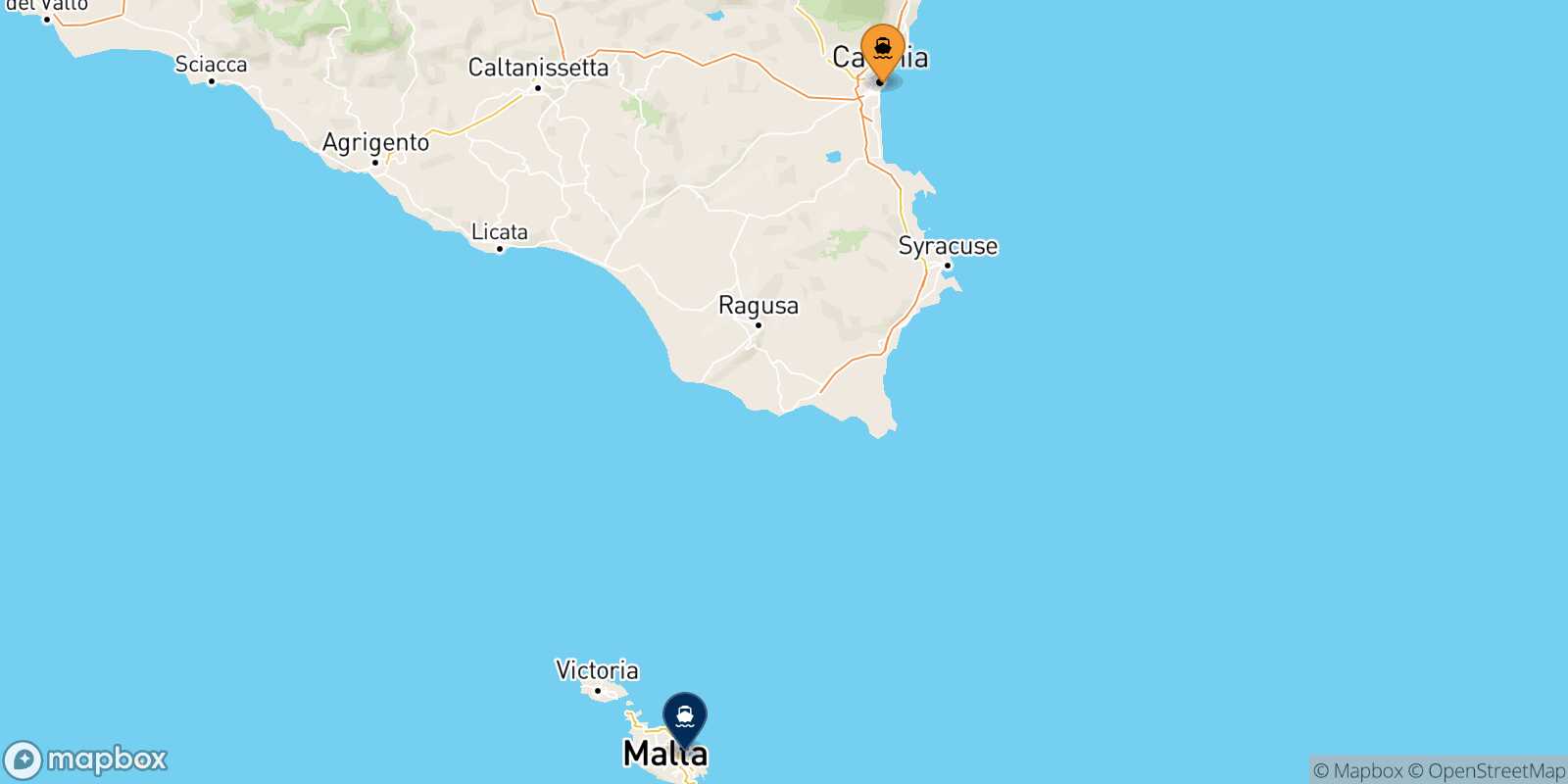 Mapa de la ruta Catania La Valletta (Malta)