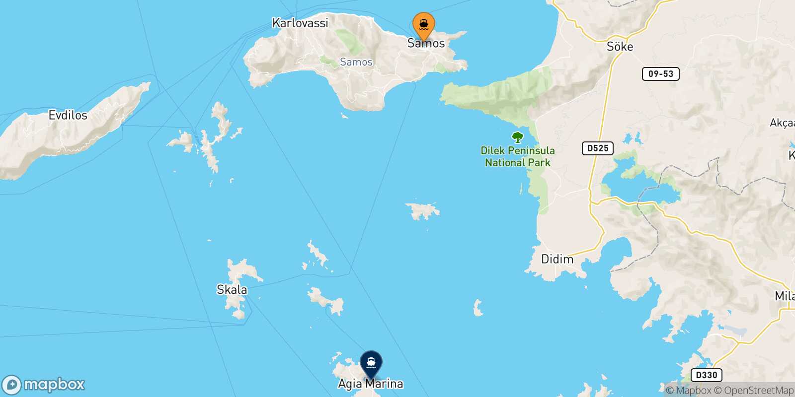 Mapa de la ruta Vathi (Samos) Leros