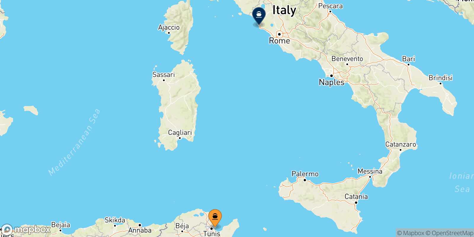 Mapa de los puertos conectados con  Civitavecchia