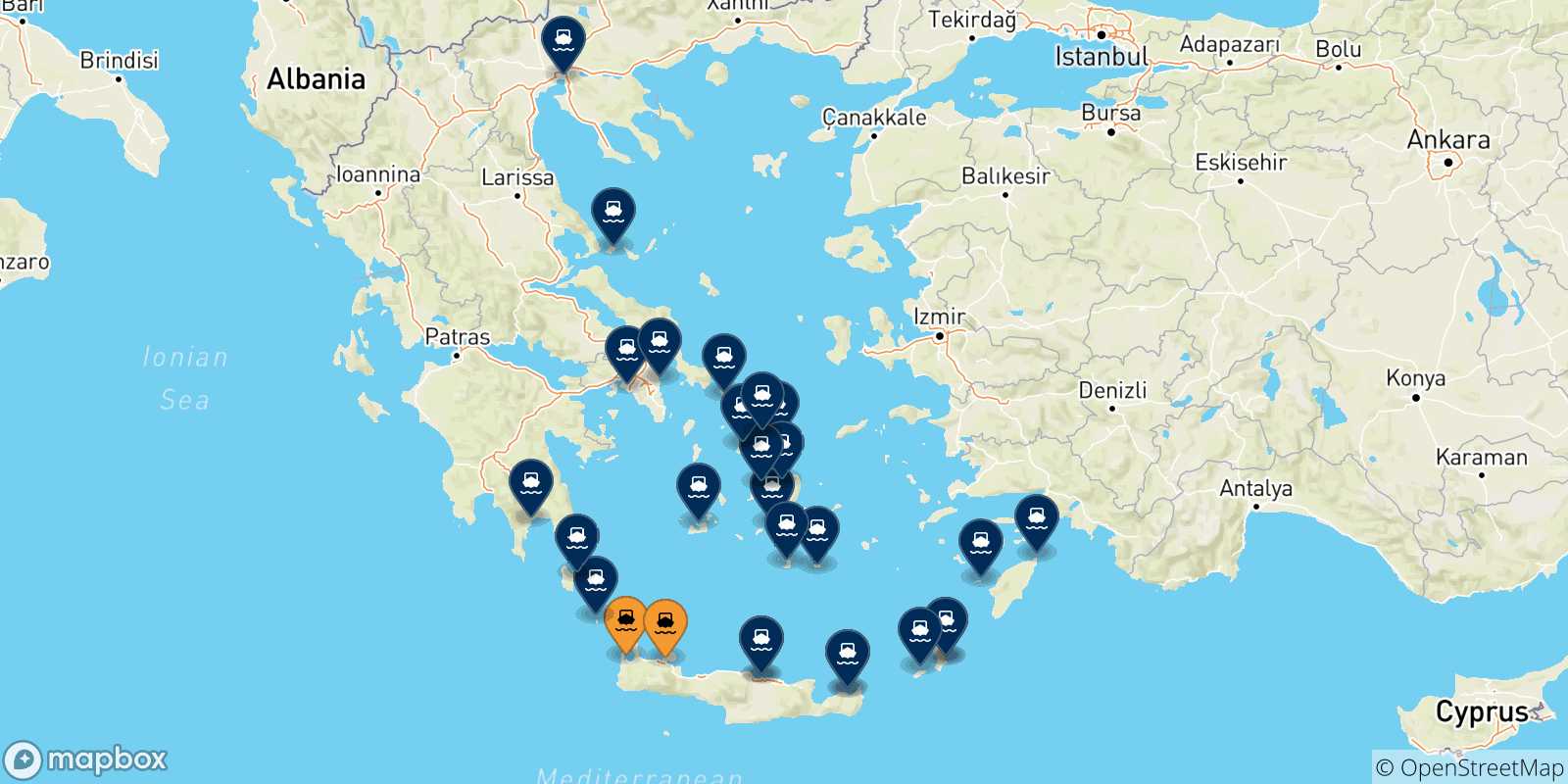 Mapa de los destinos alcanzables de Creta