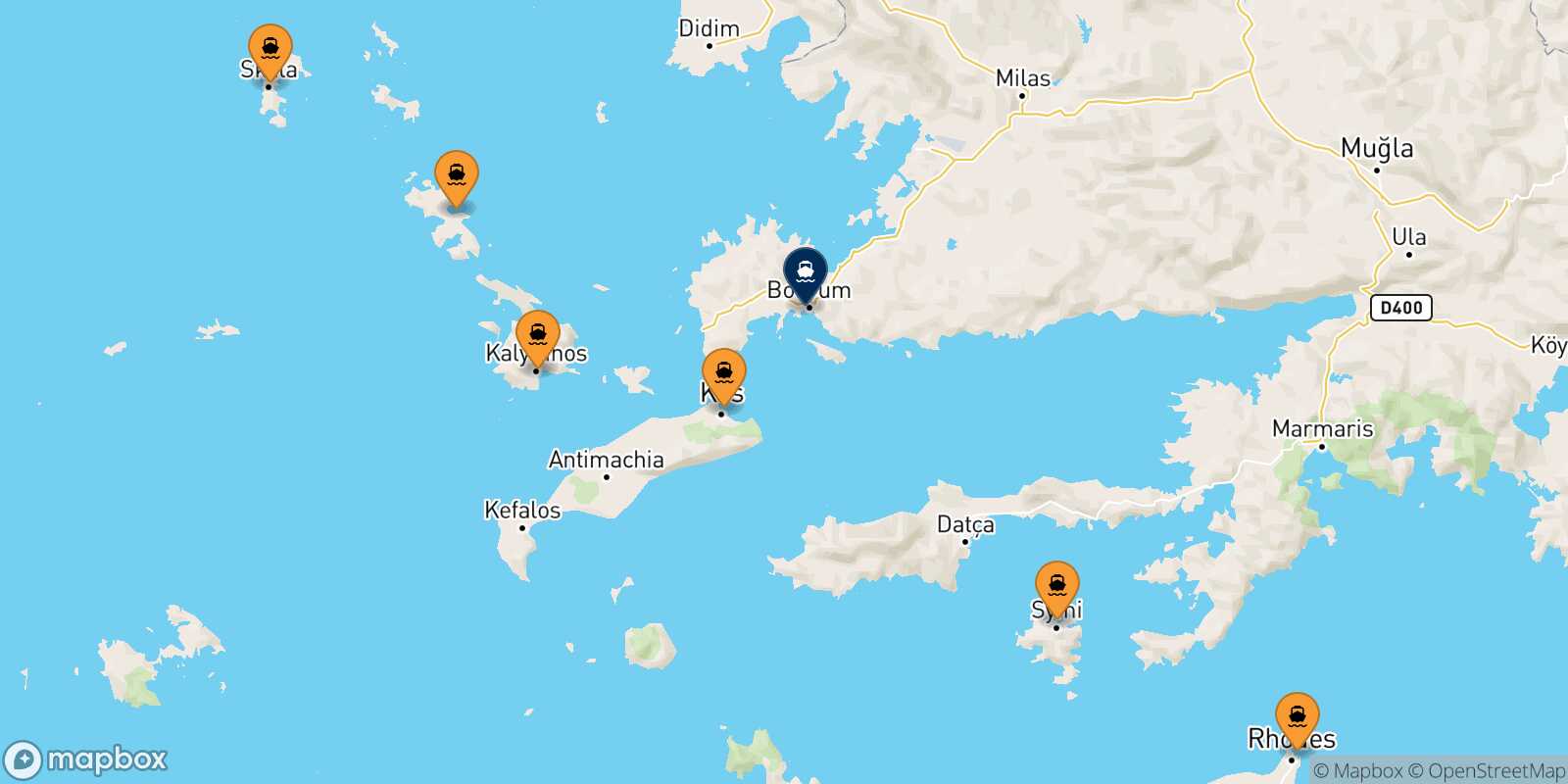 Mapa de los puertos conectados con  Bodrum