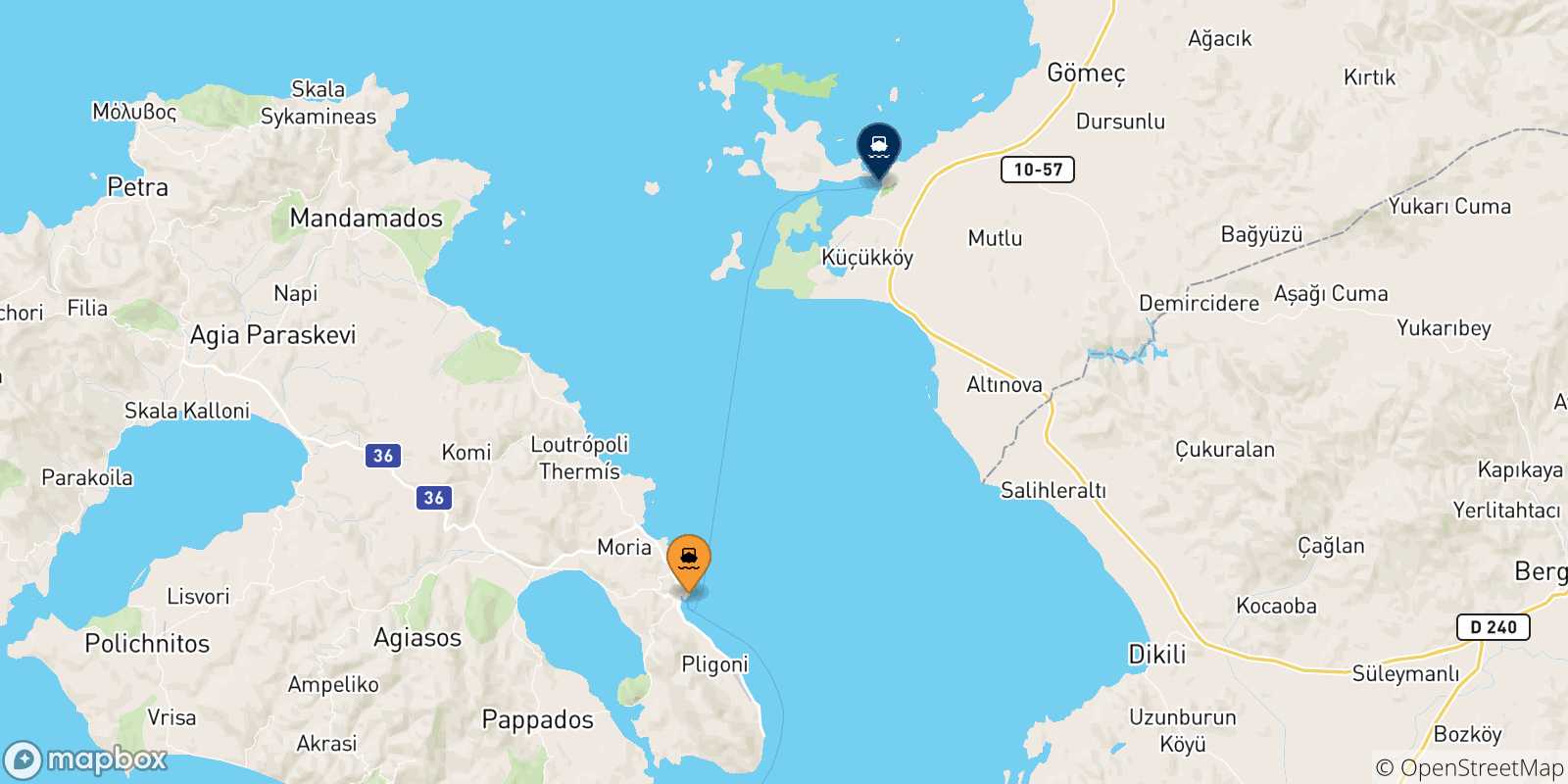 Mapa de las posibles rutas entre Islas Del Egeo y  Ayvalik