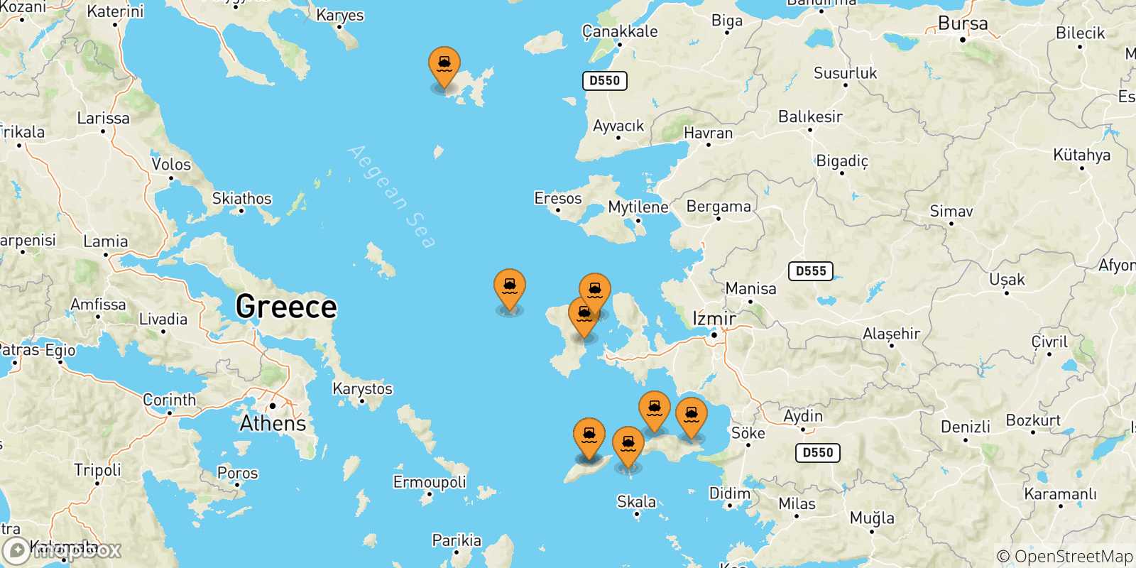 Mapa de las posibles rutas entre Islas Del Egeo y  Mytilene (Lesvos)