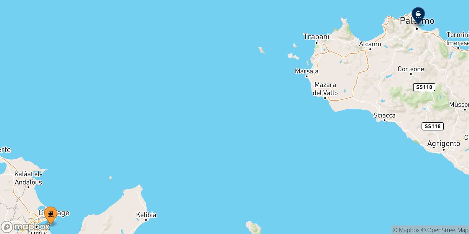 Mapa de los destinos alcanzables de Túnez