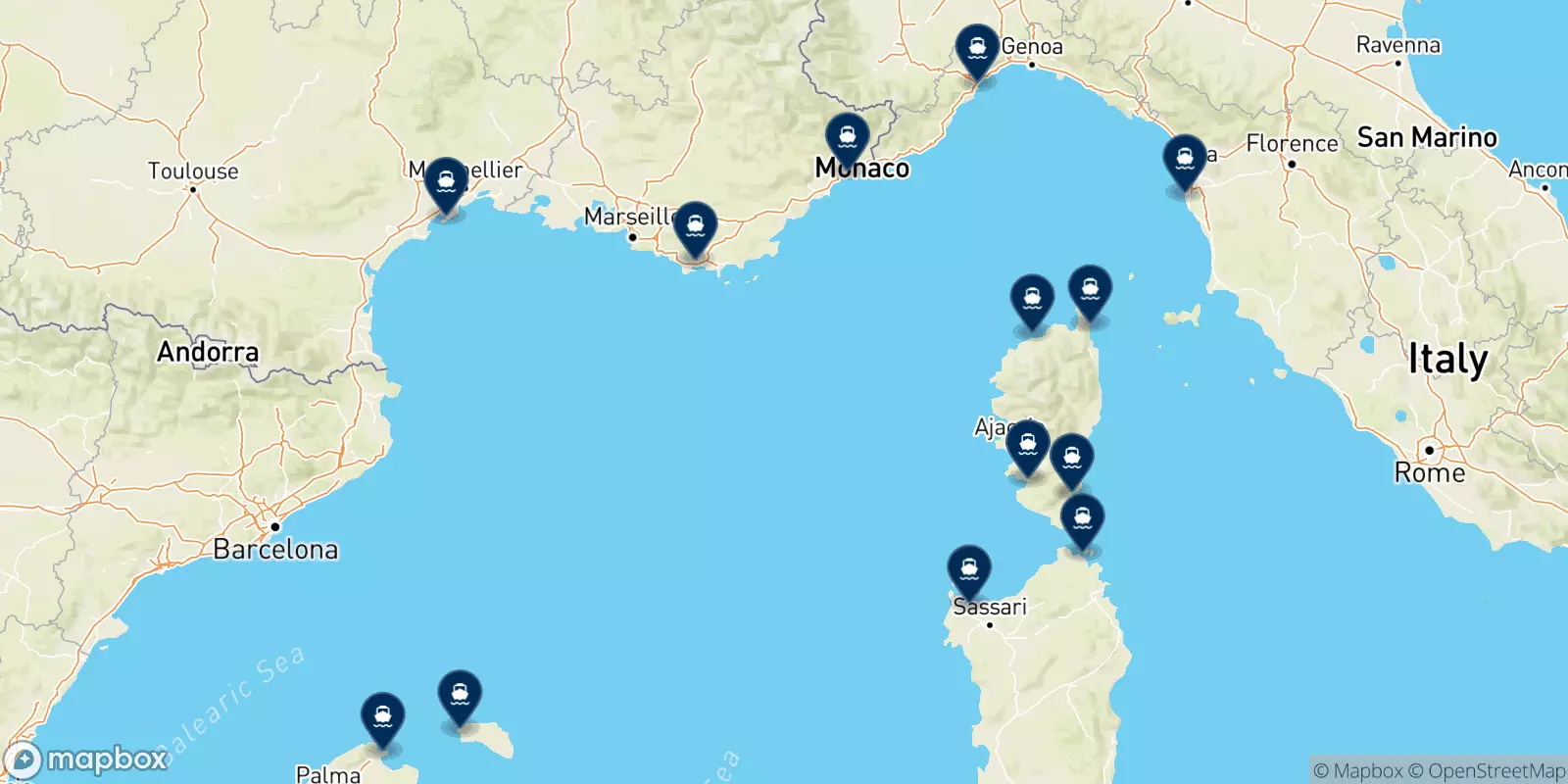 Mapa de los destinos Corsica Sardinia Ferries